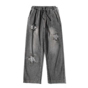 Men Jeans Five-Pointed Star Summer Washed-out Vintage Wide Leg Denim Trousers