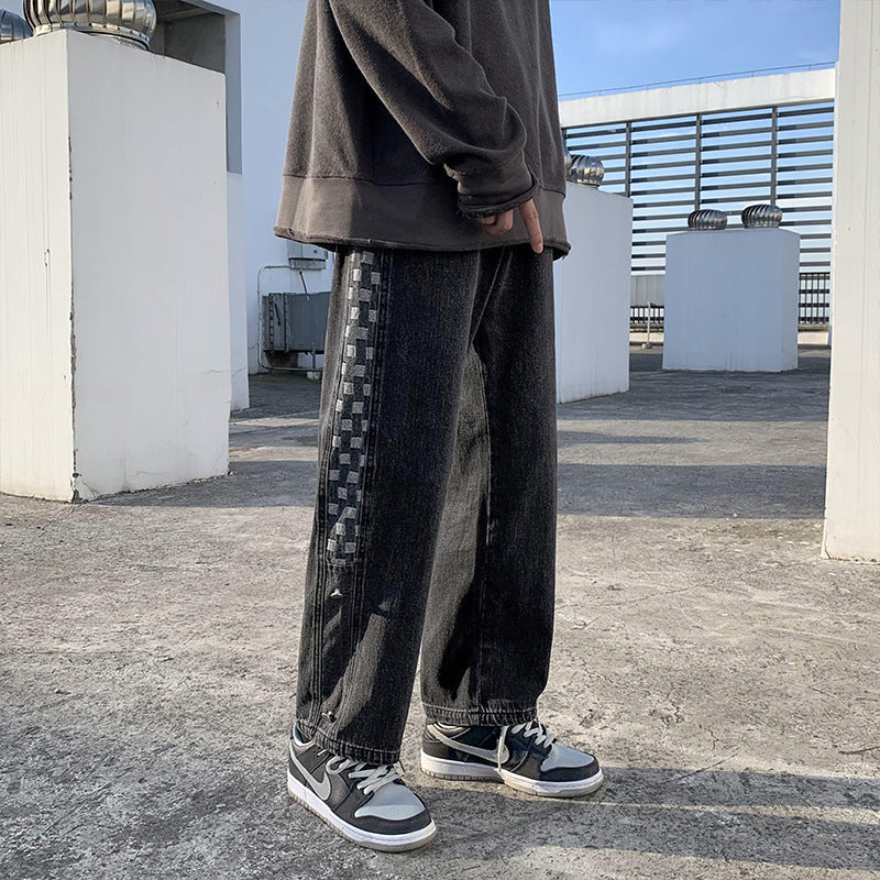 Men Jeans Plaid Denim Trousers Men Spring Autumn Loose Straight Wide Leg Pants