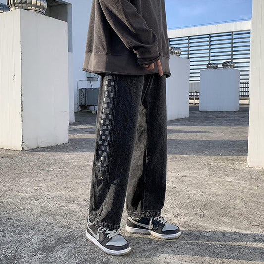 Men Jeans Plaid Denim Trousers Men Spring Autumn Loose Straight Wide Leg Pants