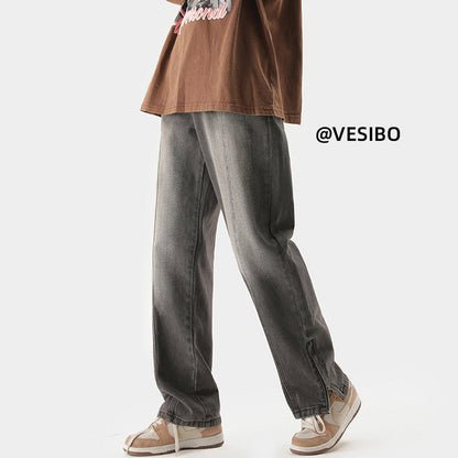 Men Jeans Retro Distressed Straight-Leg Pants Autumn Loose Casual Pants