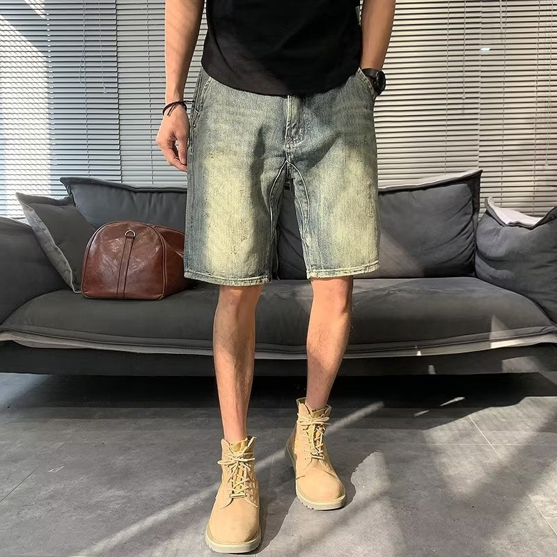 Men Jeans Washed Middle Pants Straight Casual Retro Shorts