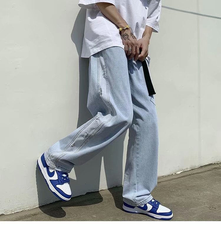 Men Jeans Ripped Jeans Summer Baggy Straight Trousers Wide Leg Trousers
