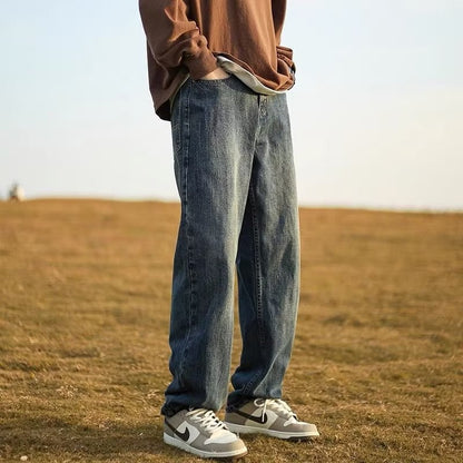 Men Jeans Retro Washed Jeans Men's Spring and Autumn Baggy Straight Trousers Casual Trousers
