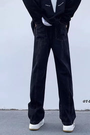 Men Jeans Washed Second-Hand Black Color Stitching Jeans Slim Straight Bootcut Trousers