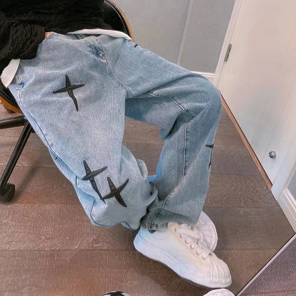 Men Jeans Autumn Cross Paste Cloth Embroidery Loose Straight Wide Trousers
