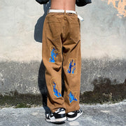 Men Jeans Embroidered Jeans Men's Summer Loose Wide Leg Pants Straight-Leg Trousers