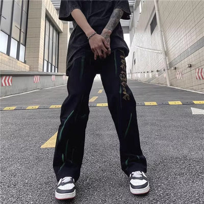 Men Jeans Retro Alphabet Rhinestone Printed Straight Jeans