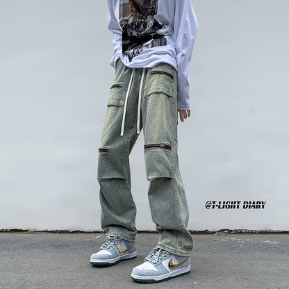 Men Jeans Cargo Jeans Spring and Autumn Zipper Wide Leg Trousers
