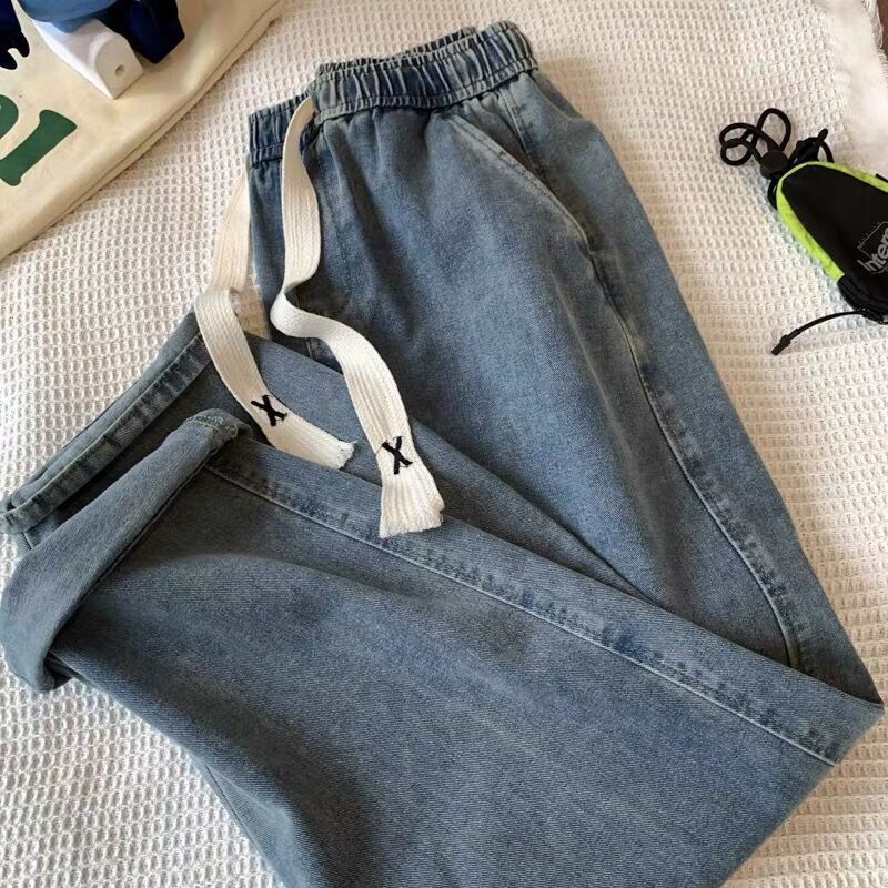 Men Jeans Straight Loose Summer Light Color Retro Casual Wide Leg Pants