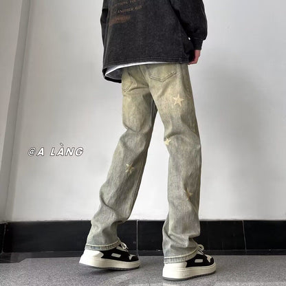 Men Jeans Retro Washed Straight-Leg Pants Loose Casual Pants