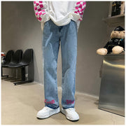 Men Jeans Embroidered Washed Distressed Loose Straight Pants Trousers