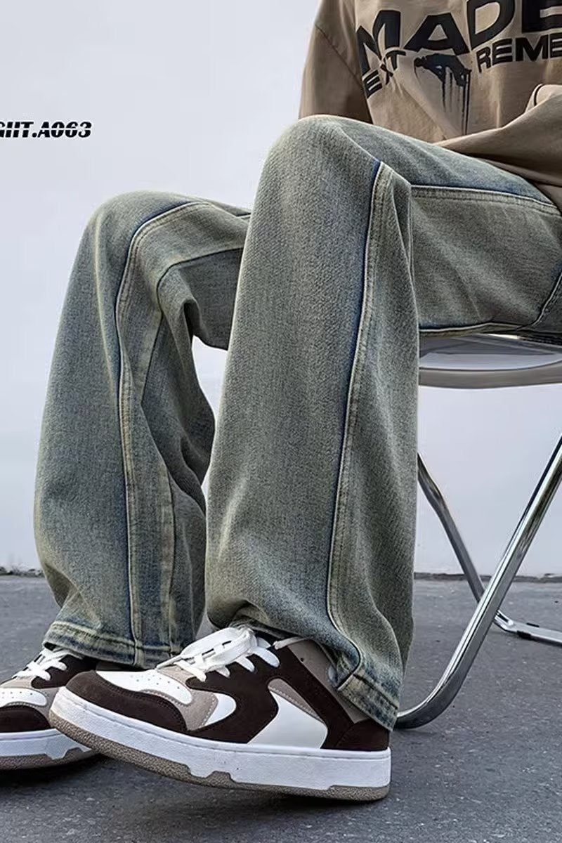 Men Jeans Washed Second-Hand Black Color Stitching Jeans Slim Straight Bootcut Trousers