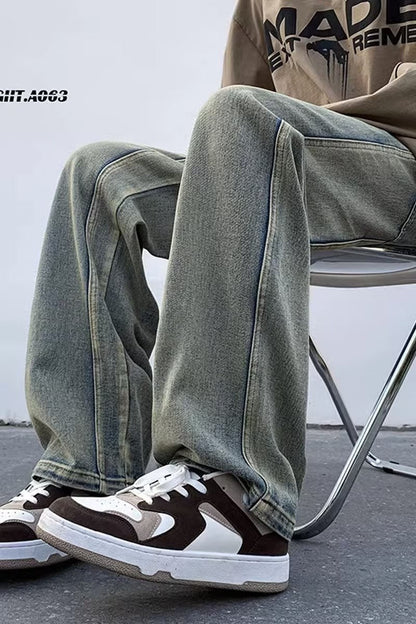 Men Jeans Washed Second-Hand Black Color Stitching Jeans Slim Straight Bootcut Trousers