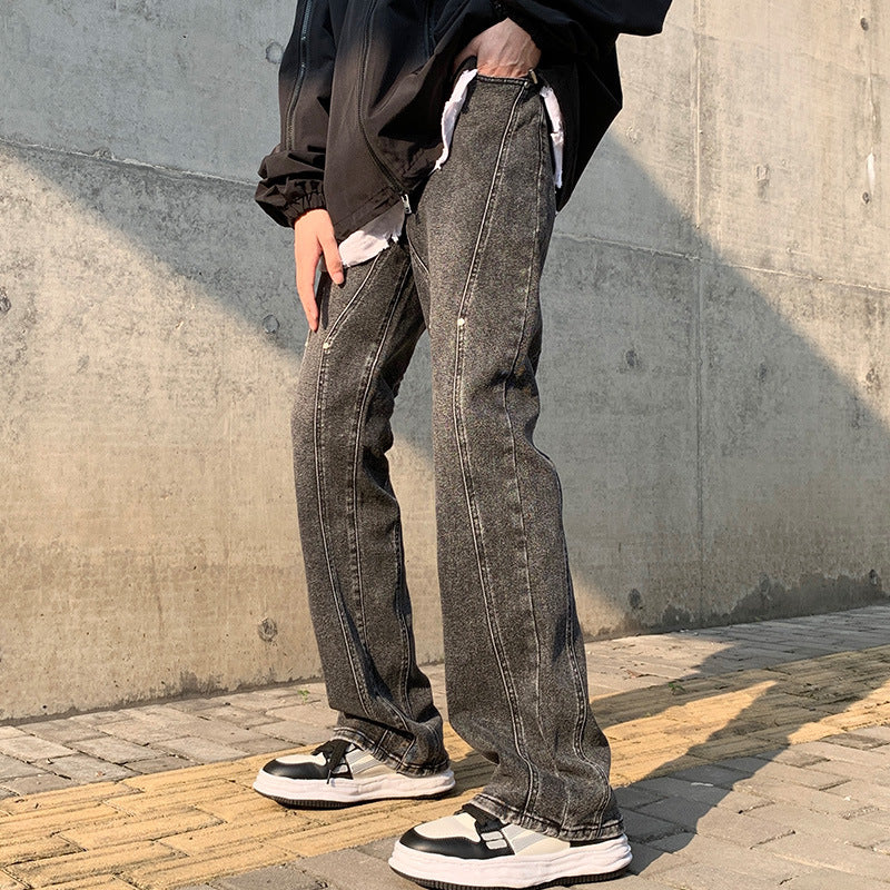 Men Jeans Fall/Winter Slim Stitching Pants Loose Straight Casual Trousers