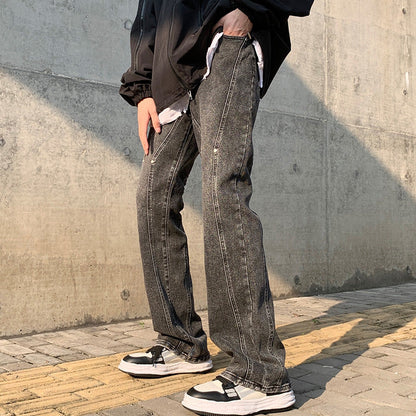 Men Jeans Fall/Winter Slim Stitching Pants Loose Straight Casual Trousers