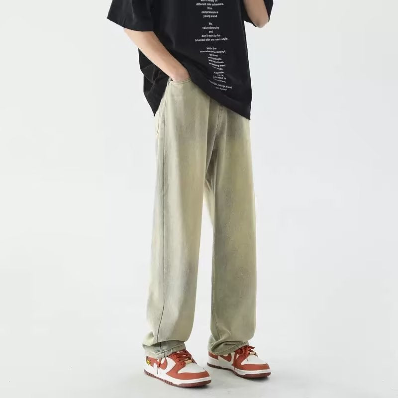 Men Jeans Summer Washed Old Straight Loose-Fitting Wide-Leg Trousers