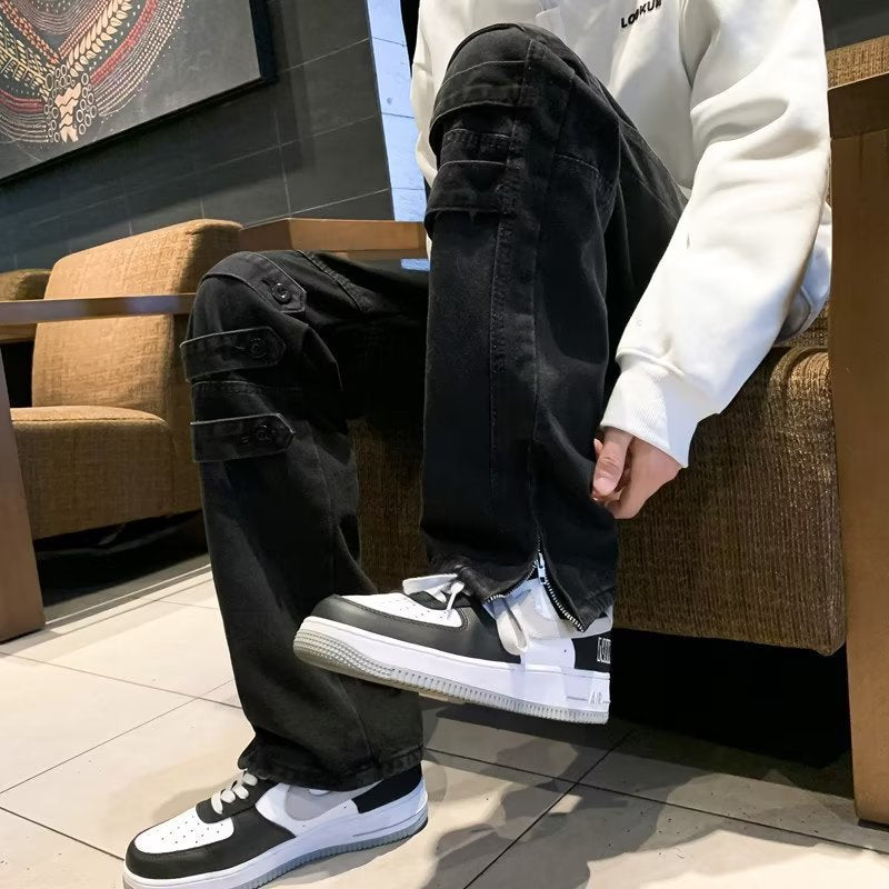 Men Jeans Spring Split Wide Leg Pants Loose Spring and Autumn Straight-Leg Pants