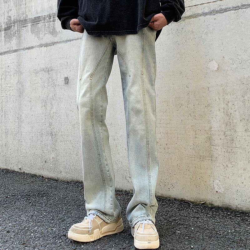 Men Jeans Fall/Winter Slim Stitching Pants Loose Straight Casual Trousers
