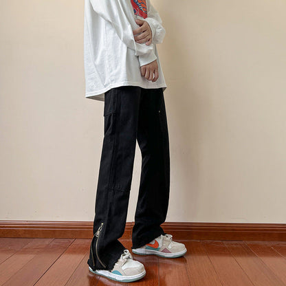 Men Jeans Black Jeans Loose Zip Straight Wide Leg Casual Pants