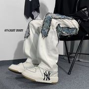 Men Jeans Patchwork Stitching Jeans Loose Straight Trousers