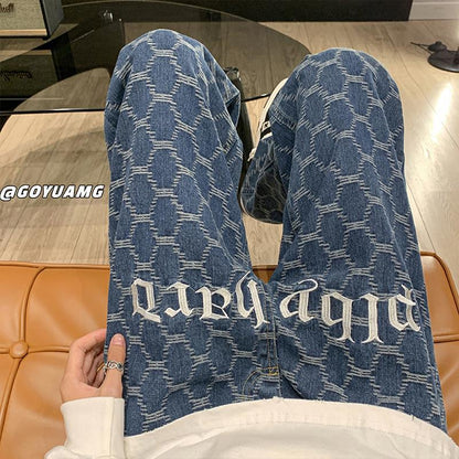 Men Jeans Vintage Embroidered Jeans Men's Autumn Loose Straight Wide-Leg Pants