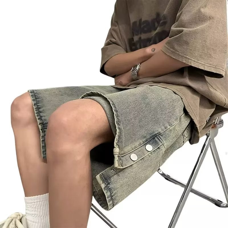 Men Jeans Breasted Slit Denim Shorts Summer Distressed Retro plus Size Pants