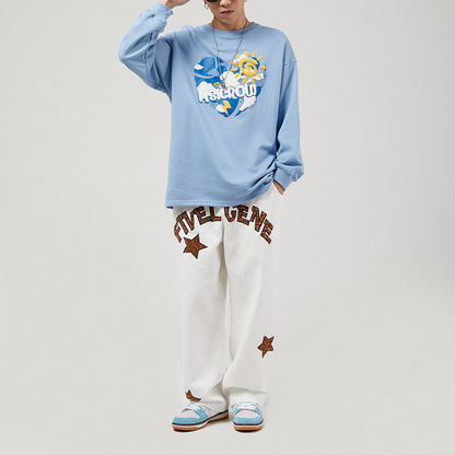 Men Jeans Leopard Print Letter XINGX Embroidery Casual Working Pants Straight-Leg Trousers