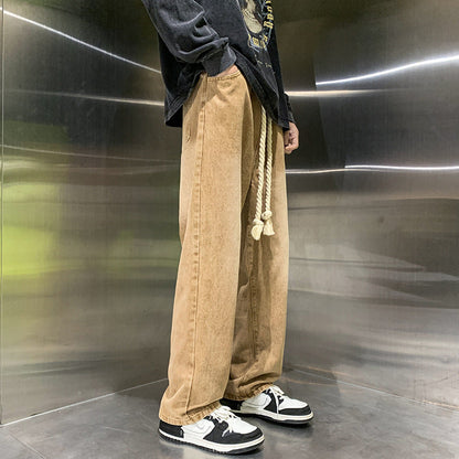 Men Jeans Drawstring Jeans Men Spring Autumn Vintage Straight-Leg Wide-Leg Pants