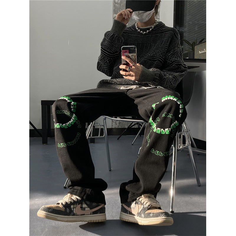 Men Jeans Spring and Autumn Straight Loose-Fitting Wide-Leg Trousers