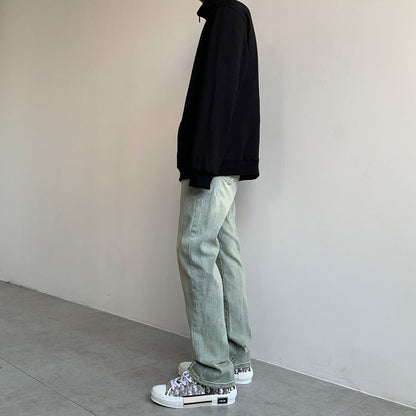 Men Jeans Washed Distressed Casual Pants Men Straight-Leg Trousers