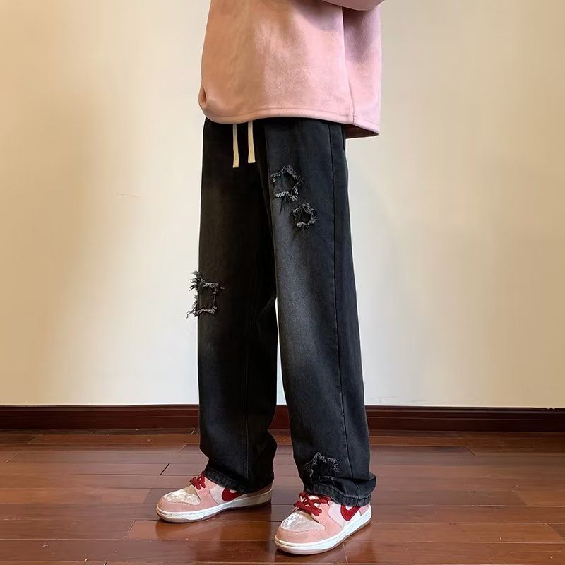 Men Jeans Vintage Patch Straight-Leg Pants Spring Baggy Pants