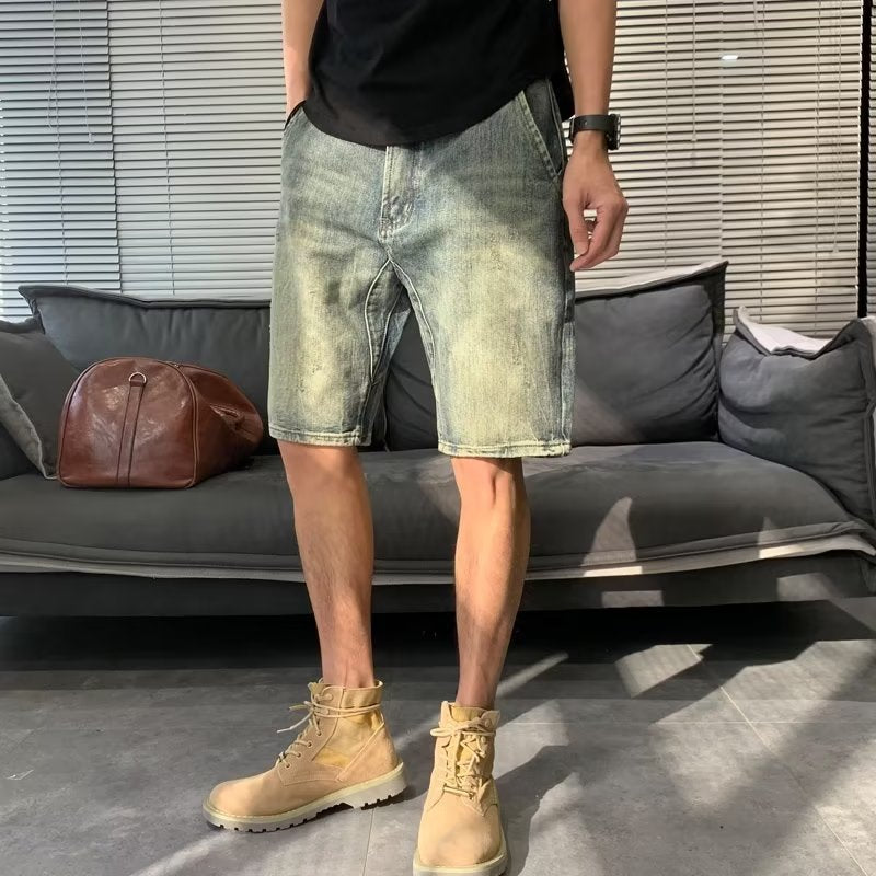 Men Jeans Washed Middle Pants Straight Casual Retro Shorts