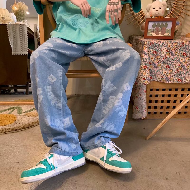 Men Jeans Hiphop Casual Loose Denim Trousers Straight-Leg Pants