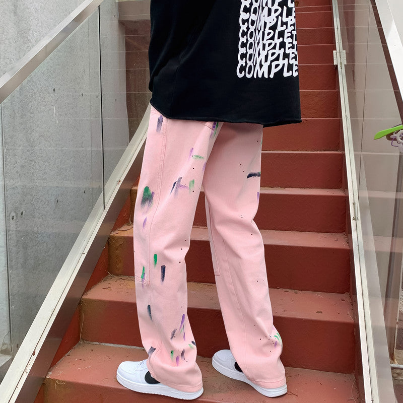 Men Jeans Splash-Ink Jeans Men's Autumn Baggy Straight Trousers Casual Trousers