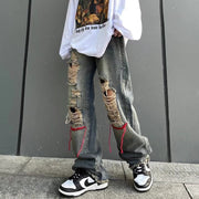 Men Jeans Retro Washed Ripped Embroidered Slim Straight Jeans