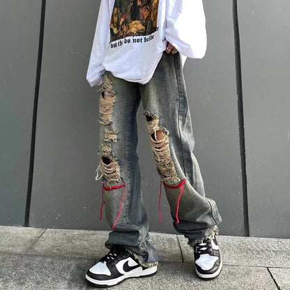 Men Jeans Retro Washed Ripped Embroidered Slim Straight Jeans