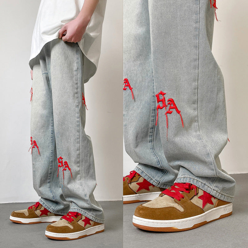 Men Jeans Embroidered Jeans Men's Spring and Autumn Baggy Straight Trousers Spring Pants