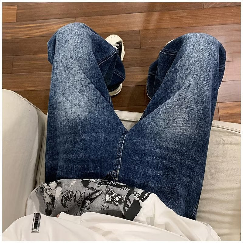 Men Jeans Straight Jeans Spring Retro Washed Loose Casual Trousers