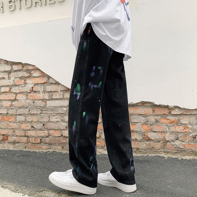 Men Jeans Splash-Ink Jeans Men's Autumn Baggy Straight Trousers Casual Trousers