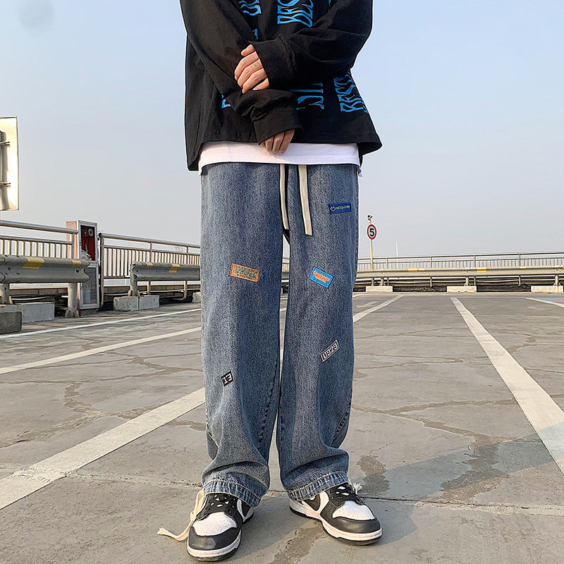 Men Jeans Summer Baggy Straight Trousers Wide Leg Pants