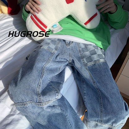 Men Jeans Checkered Vintage Jeans Men's Loose Straight Oversize Trousers
