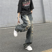 Men Jeans Retro Washed Distressed Ripped Jeans