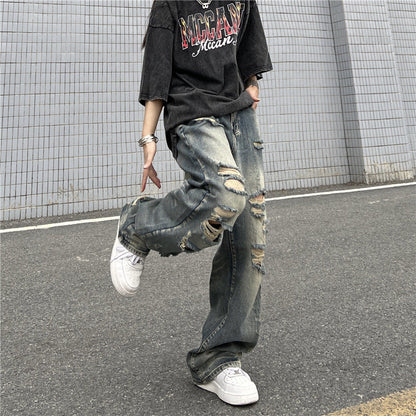 Men Jeans Retro Washed Distressed Ripped Jeans