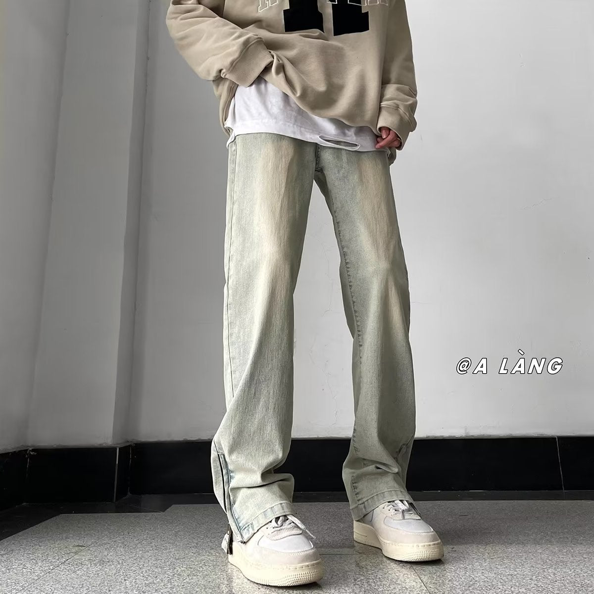 Men Jeans Side Zipper Skinny Jeans Men's Summer Retro Washed Straight-Leg Trousers