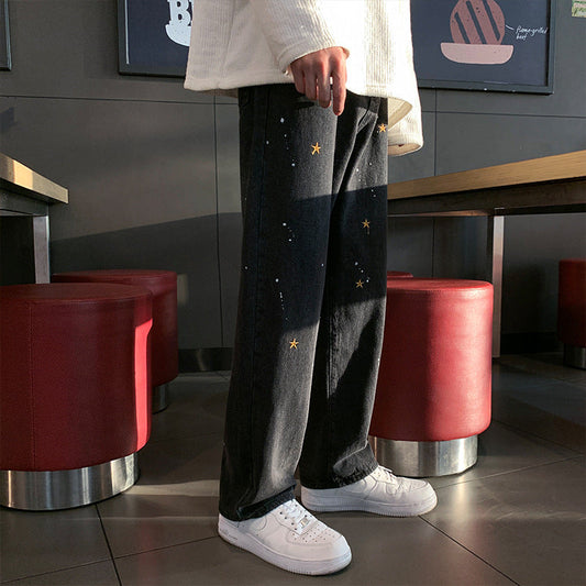 Men Jeans Splash Ink Paint Spots XINGX Embroidered Jeans Vintage Straight Loose Dad Jeans