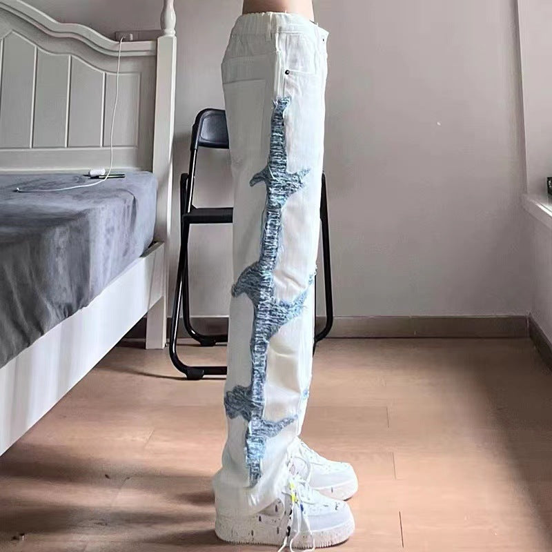 Men Jeans Patchwork Jeans Male Hiphop Loose Straight Trousers