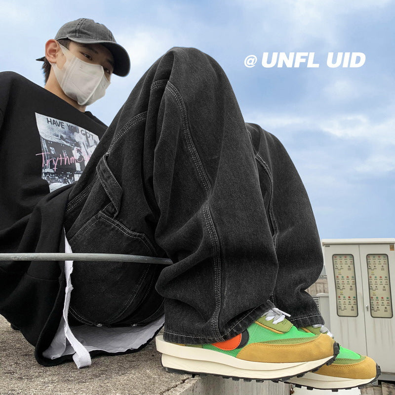 Men Jeans Fall Hip Hop Loose Straight-Leg Pants Vintage