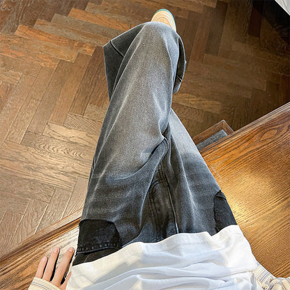 Men Jeans Fall Casual Wide-Leg Trousers Washed-out Vintage Straight-Leg Pants