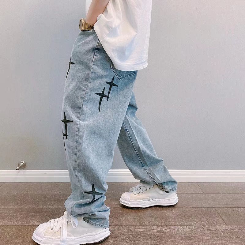 Men Jeans Autumn Cross Paste Cloth Embroidery Loose Straight Wide Trousers