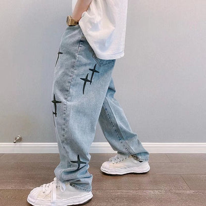 Men Jeans Autumn Cross Paste Cloth Embroidery Loose Straight Wide Trousers